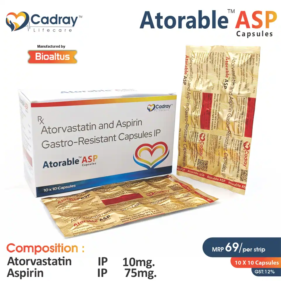 Atorvastatin 10mg + Aspirin 75mg | Cardiovascular Capsule | Best Price for PCD Pharma Franchise